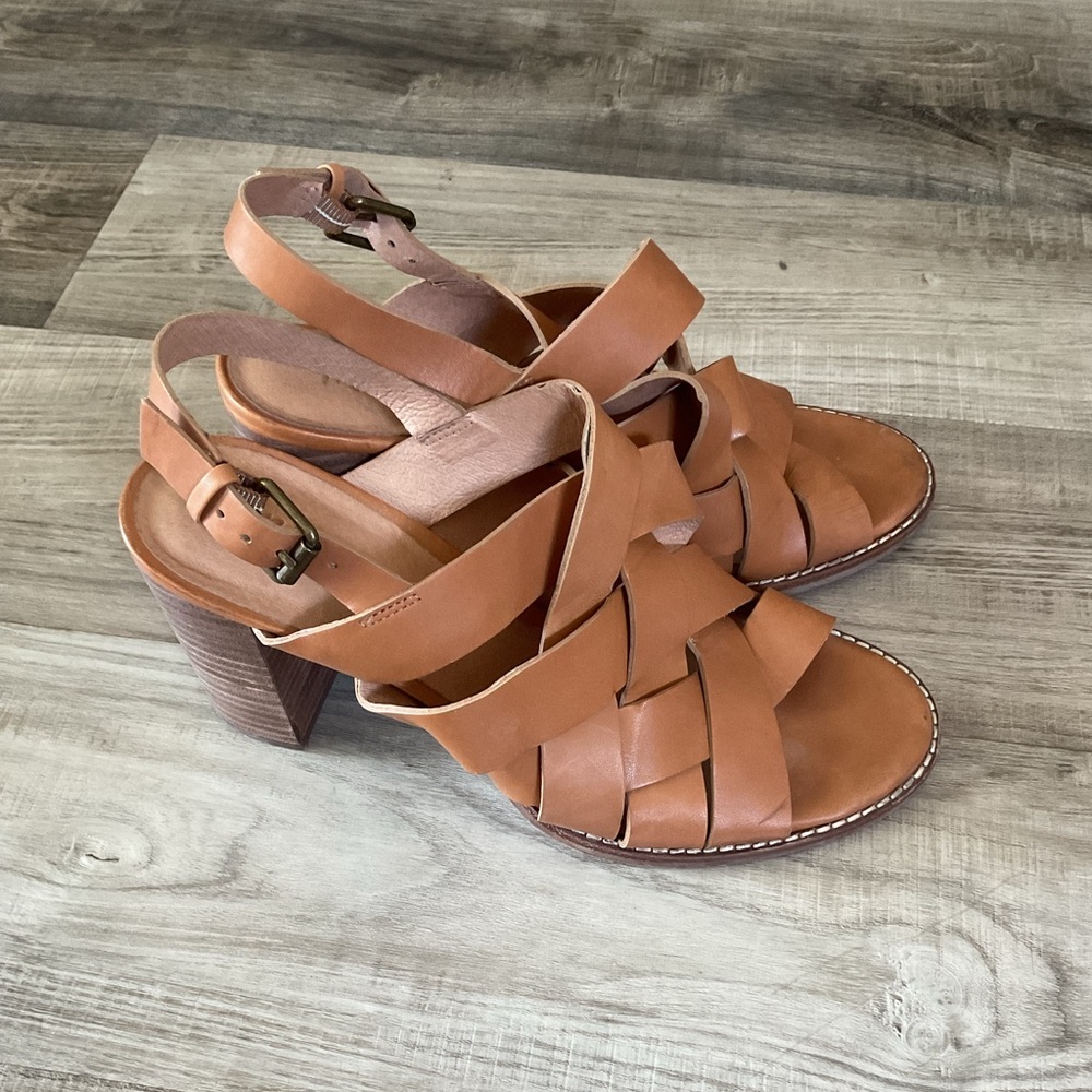 Madewell Women's Cindy Woven Leather Stacked Heel Sandals Desert Camel Size 8.5